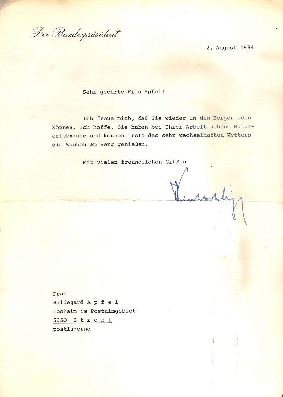 Maschinengeschriebener Brief von Bundespräsident Rudolf Kirchschläger an Hildegard Apfel, 2. VIII. 1984.