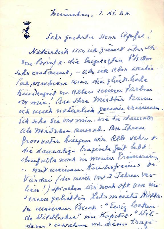 Eigenh. Brief mit U. von Graf Paul Pálffy an einen Herrn Apfel von 1. XI. 1966.