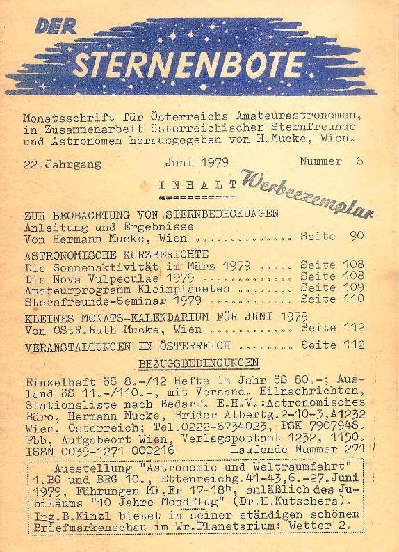 Der Sternenbote. Monatsschrift für Österreichs Amateurastronomen, in Zusammenarbeit österreichischer Sternfreunde und Astronomen. Nr. 6. 22. Jahrgang. Juni 1979.