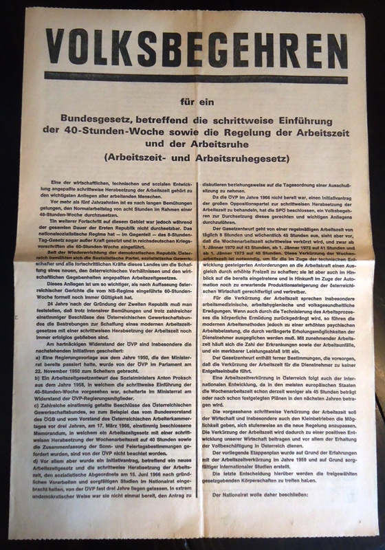 Doppelblatt zum Volksbegehren für eine 40-Stunden-Woche in Österreich aus dem Jahre 1969. Vermutlich Beilage zur Arbeiter-Zeitung.