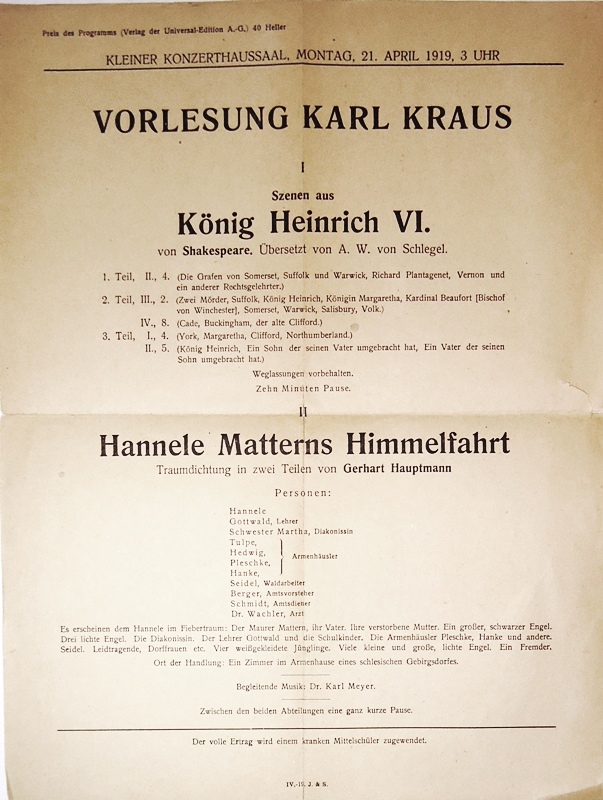 Vorlesung Karl Kraus am Montag, 21. April 1919, 3 Uhr, kleiner Konzerthaussaal.