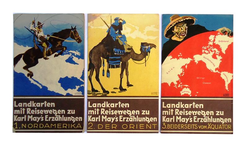 3 Landkarten mit Reisewegen zu Karl May´s Erzählungen. 1. Nordamerika - 2. Der Orient - 3. Beiderseits vom Äquator.